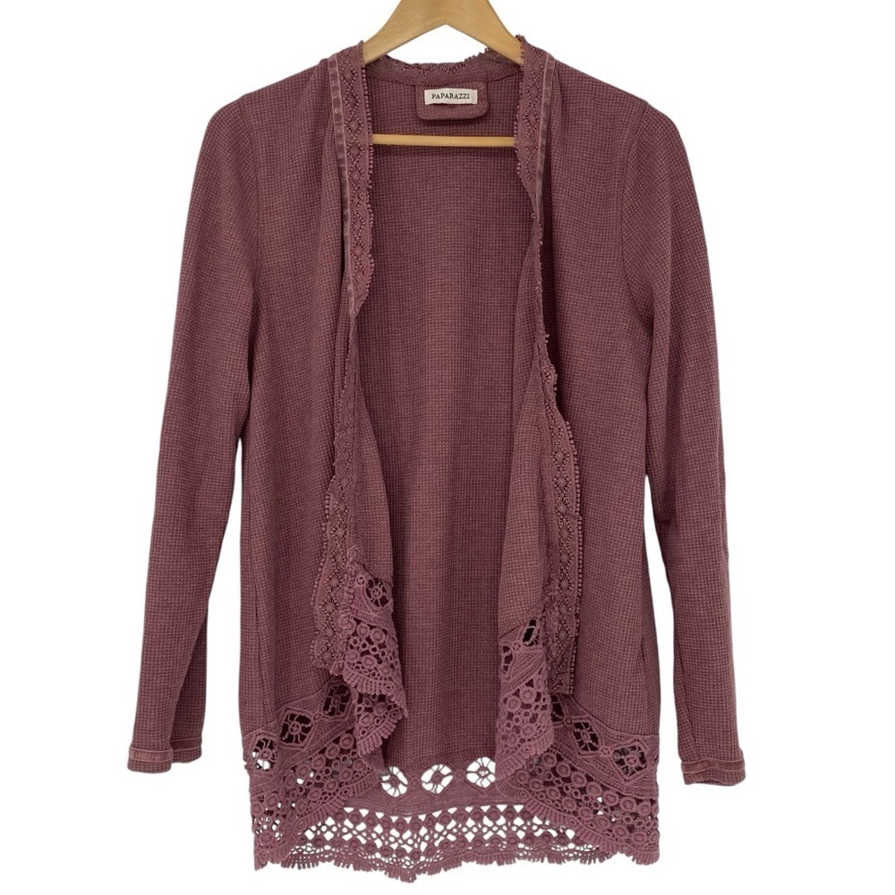 Paparazzi pink open front crochet lined thermal cardigan top women's size medium